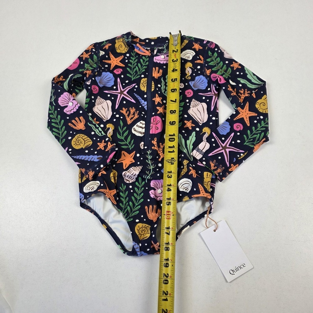 Quince Swimsuit Kids 5T Blue Long Sleeve Zip One Piece Navy Seashells Print - Picture 4 of 10